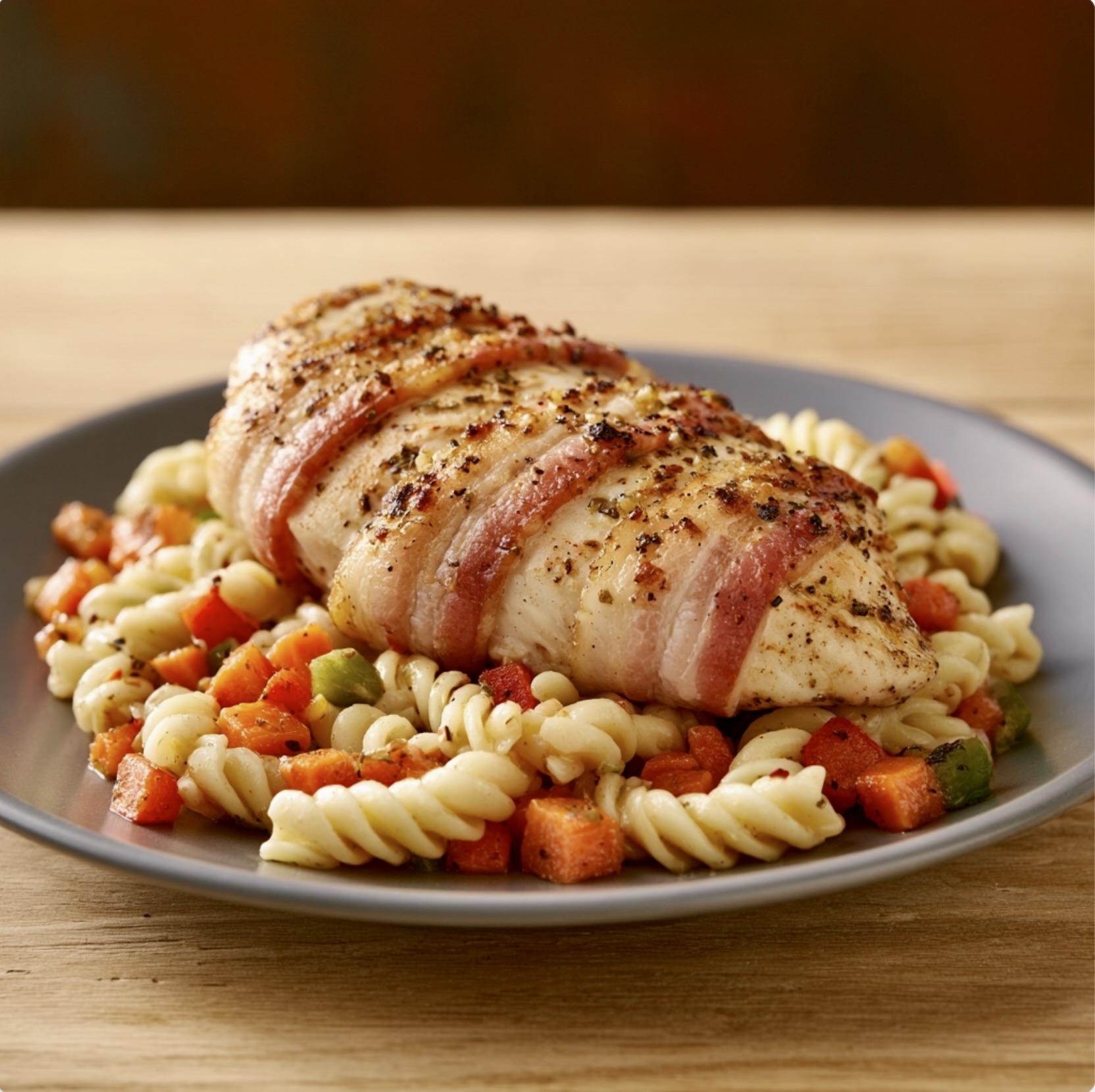Bacon Wrapped Chicken with Pasta Primavera